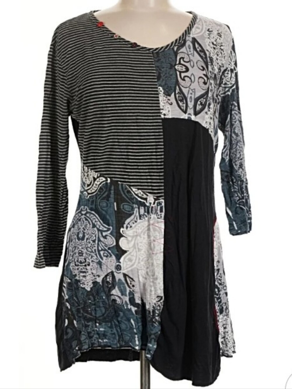 Parsley & Sage Sz XL Black Blue And Grey Mixed Media Asymmetrical Tunic